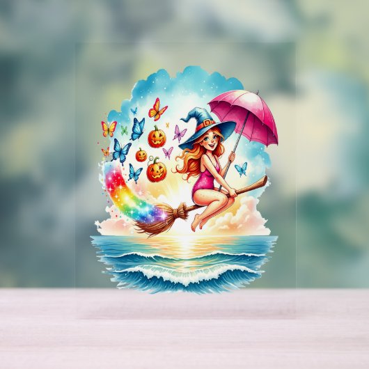 Halloween Zeemeermin Heks op Broom Acryl Bord (Neutraal)