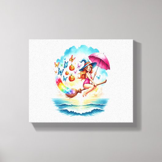 Halloween Zeemeermin Heks op Broom Canvas Afdruk (Voorkant)