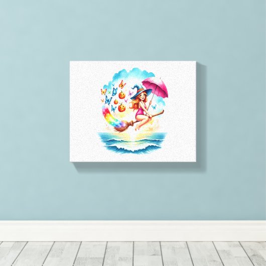 Halloween Zeemeermin Heks op Broom Canvas Afdruk (Insitu (Houten vloer))