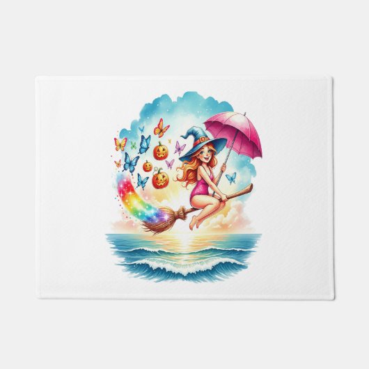 Halloween Zeemeermin Heks op Broom Deurmat (Voorkant)