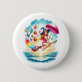 Halloween Zeemeermin Heks op Broom Ronde Button 5,7 Cm (Voorkant)