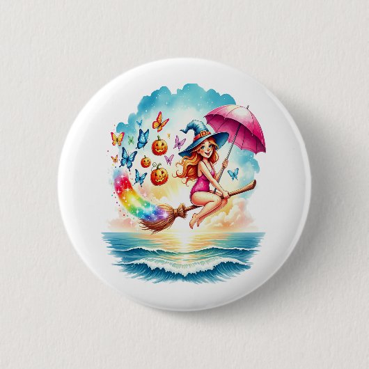 Halloween Zeemeermin Heks op Broom Ronde Button 5,7 Cm (Voorkant)