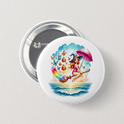 Halloween Zeemeermin Heks op Broom Ronde Button 5,7 Cm (Voorkant /achterkant)