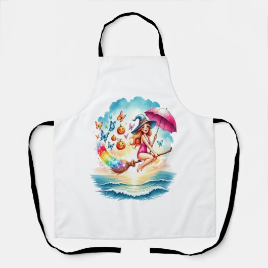 Halloween Zeemeermin Heks op Broom Schort (Voorkant)