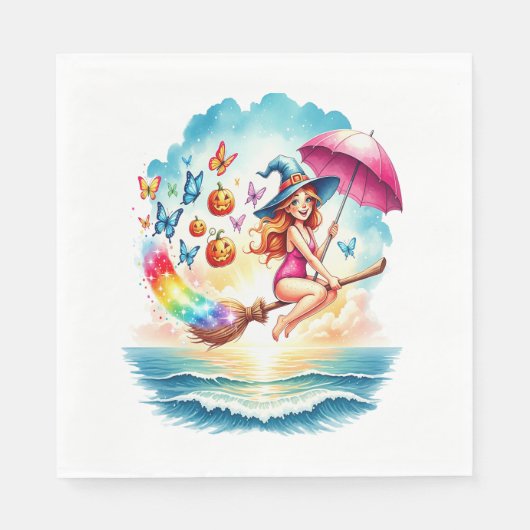 Halloween Zeemeermin Heks op Broom Servet (Voorkant)