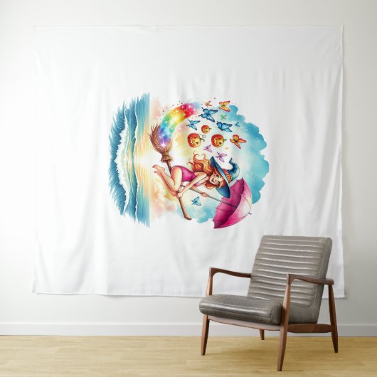 Halloween Zeemeermin Heks op Broom Wandkleed (In Situ (horizontaal))