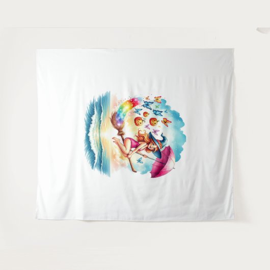 Halloween Zeemeermin Heks op Broom Wandkleed (Voorkant (horizontaal))