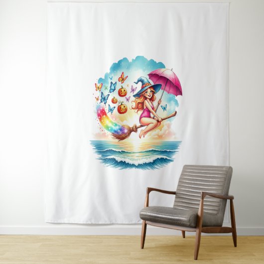 Halloween Zeemeermin Heks op Broom Wandkleed (In situ)