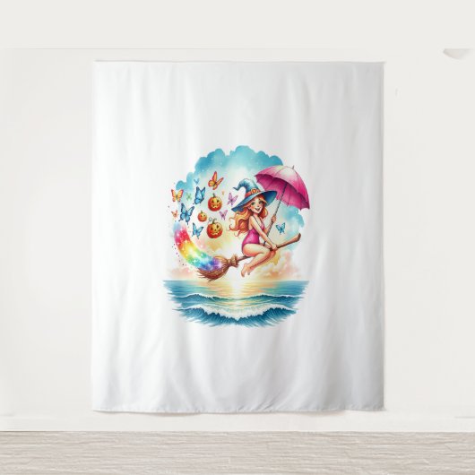 Halloween Zeemeermin Heks op Broom Wandkleed (Voorkant)