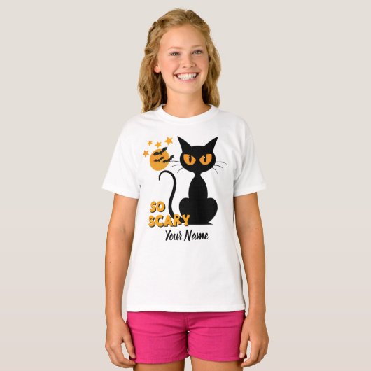 Halloween zo eng zwart kat aangepaste naam meisjes t-shirt (Voorkant volledig)