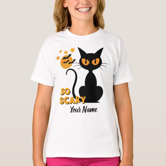 Halloween zo eng zwart kat aangepaste naam meisjes t-shirt (Voorkant)