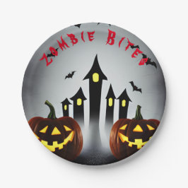 Halloween Zombie bijt naar Creepy Jack o Lantern,  Papieren Bordje