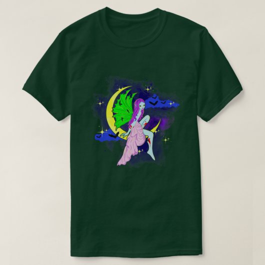 Halloween Zombie Fairy zit op een maan die drijft T-shirt (Design voorkant)