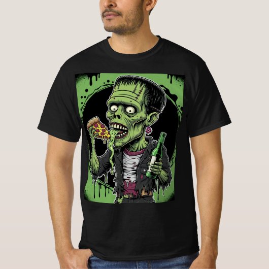 Halloween Zombie: Frankenstein Pizza Horror T-shirt (Voorkant)