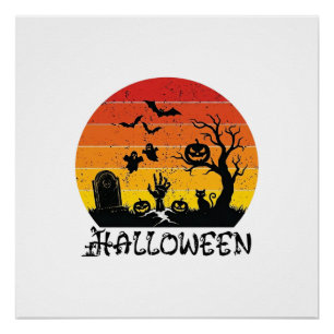 Halloween Zombie Hand Grafsteen Boom Zwarte Kat Vl Perfect Poster