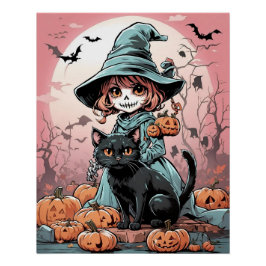 Halloween zombie heks met zwarte kat Poster