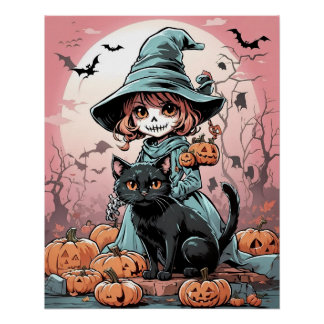 Halloween zombie heks met zwarte kat Poster