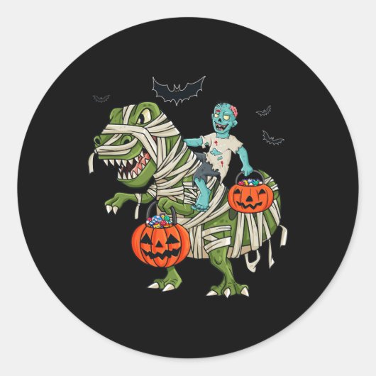 Halloween Zombie Riding T Rex Fun Boys Meisjes Kin Ronde Sticker (Voorkant)