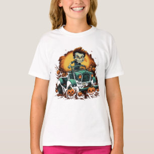 Halloween zombie rijden door pompoen patch t-shirt