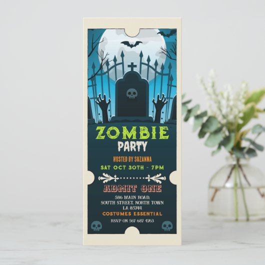 Halloween Zombie Ticket Leuke Horror Uitnodiging (Staand voorkant)