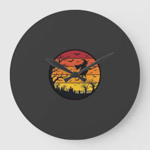 Halloween Zonsondergang Heks Silhouet Retro Cirkel Grote Klok