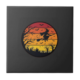 Halloween Zonsondergang Heks Silhouet Retro Cirkel Tegeltje