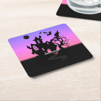 Halloween Zonsondergang Nacht Heks en Vleermuizen Kartonnen Onderzetters