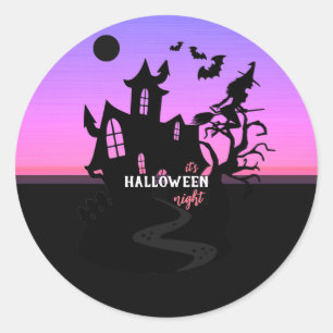 Halloween Zonsondergang Nacht Heks en Vleermuizen Ronde Sticker