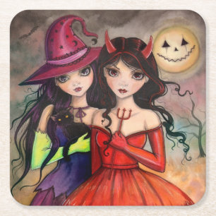 Halloween Zusters Trick or Treating Kunst Kartonnen Onderzetters