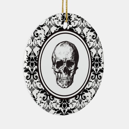HALLOWEEN Zwart Damast Patroon Schedel Gepersonali Keramisch Ornament (Rechts)