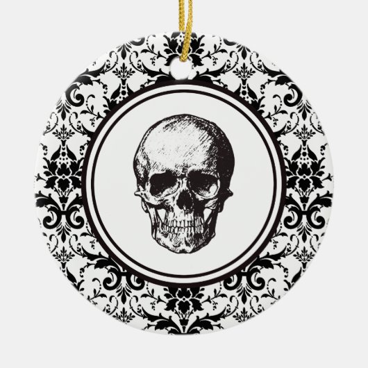 HALLOWEEN Zwart Damast Patroon Schedel Gepersonali Keramisch Ornament (Voorkant)