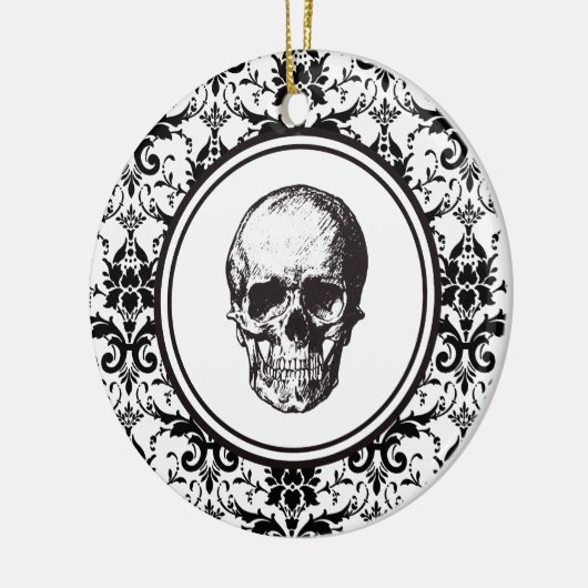 HALLOWEEN Zwart Damast Patroon Schedel Gepersonali Keramisch Ornament (Links)