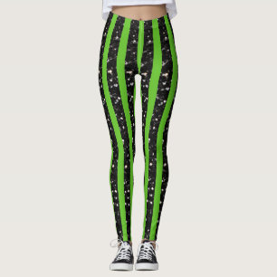 Halloween Zwart fonkelt strepen lijnen op groen Leggings