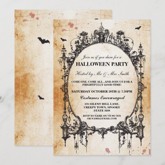 Halloween Zwart Gotisch Spin Lijst Party Invite Kaart (Voorkant / Achterkant)