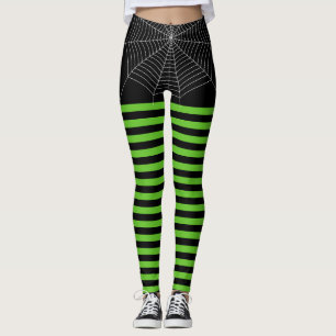 Halloween Zwart Groen Wit spin web strepen Leggings
