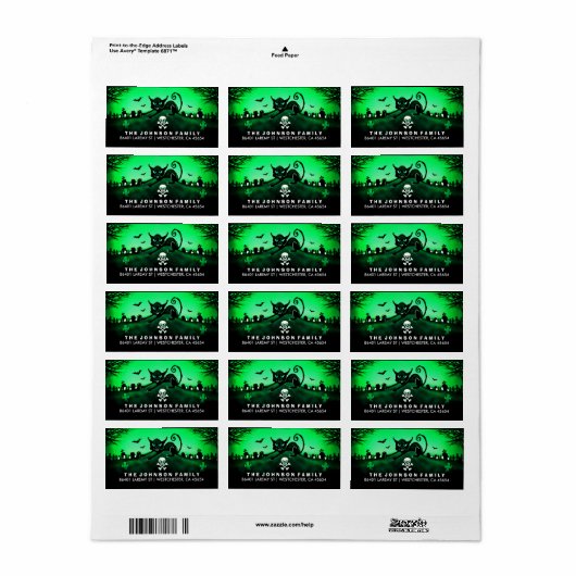 Halloween Zwart Kat Graveyard Groen Adreslabel Etiket (Full Sheet)