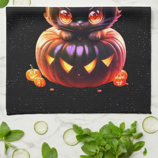 Halloween Zwart Kat Pompoen Nacht Horror Eng Theedoek (Gevouwen)