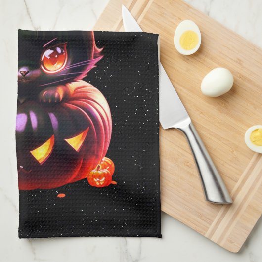 Halloween Zwart Kat Pompoen Nacht Horror Eng Theedoek (Quarter Fold)