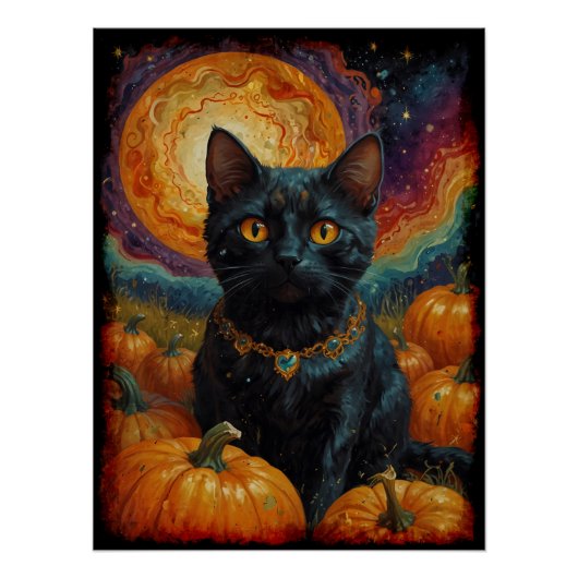 Halloween Zwart Kitten en Pompoen Perfect Poster (Voorkant)