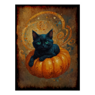 Halloween Zwart Kitten en Pompoen Perfect Poster