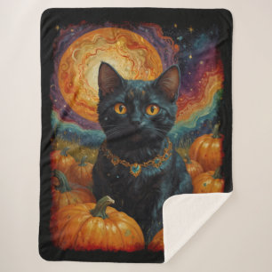 Halloween Zwart Kitten en Pompoen Sherpa Deken