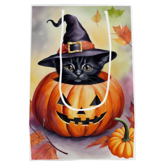 Halloween zwart kitten heks Pet pompoen geschenkza Medium Cadeauzakje (Achterkant)