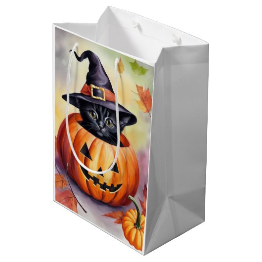 Halloween zwart kitten heks Pet pompoen geschenkza Medium Cadeauzakje (Achterkant Gekanteld)