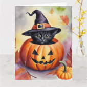 Halloween zwart kitten heks Pet pompoen Kaart (Gele Bloem)