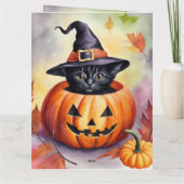 Halloween zwart kitten heks Pet pompoen Kaart (Achterkant)
