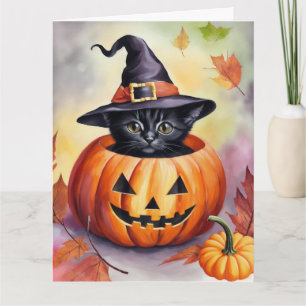 Halloween zwart kitten heks Pet pompoen Kaart