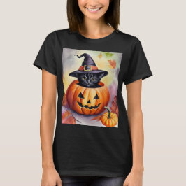 Halloween zwart kitten heks Pet pompoen Kaart T-shirt