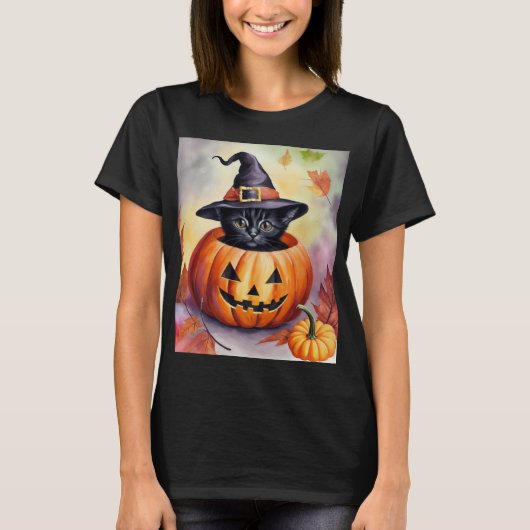 Halloween zwart kitten heks Pet pompoen Kaart T-shirt (Voorkant)
