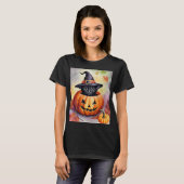 Halloween zwart kitten heks Pet pompoen Kaart T-shirt (Voorkant volledig)