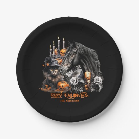 Halloween zwart Paard zwart Kat spooky Papieren Bordje (Voorkant)